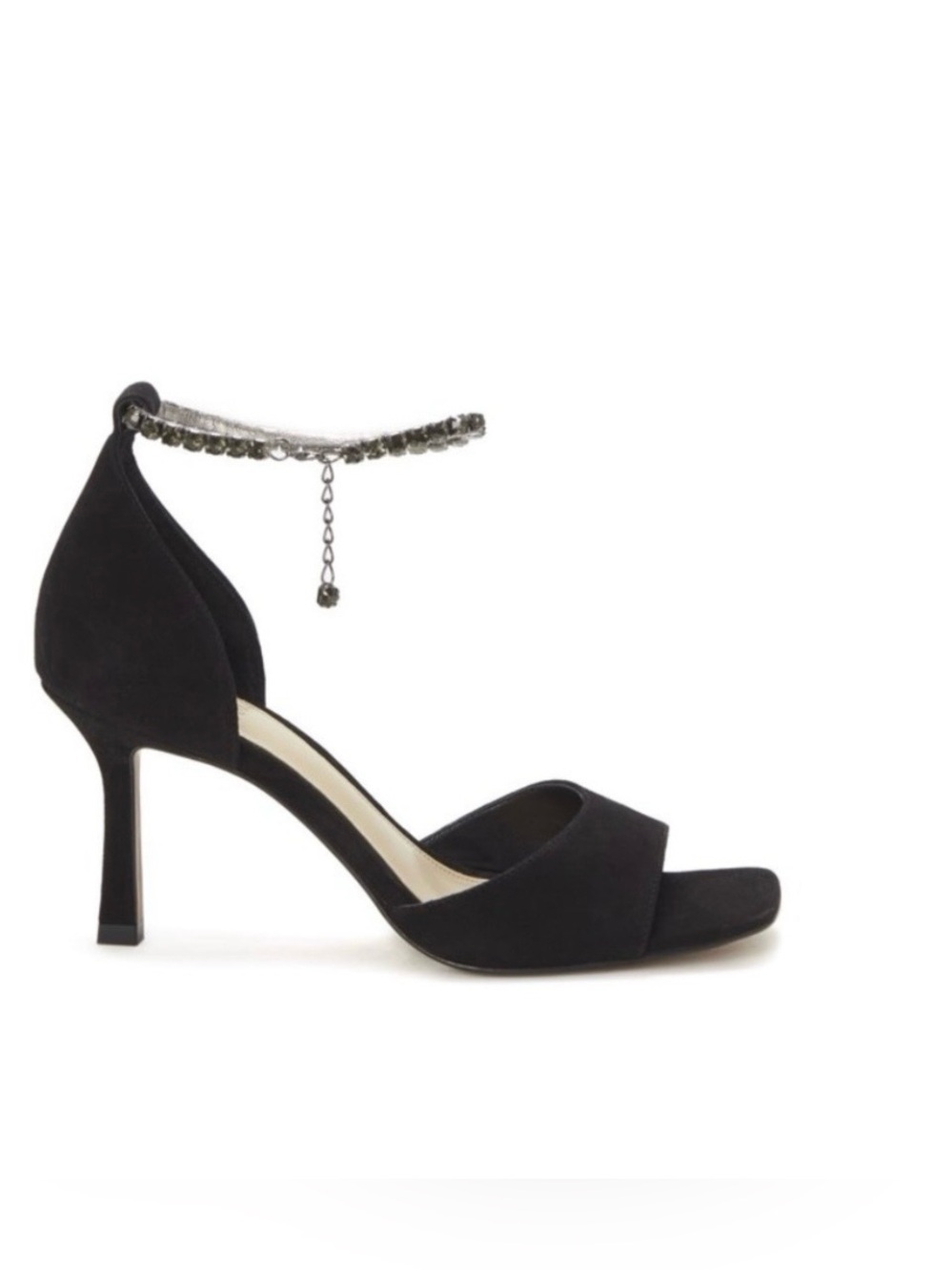 Vince Camuto Evensa Black Suede Rhinestone Ankle Strap Heels Square Toe 8.5